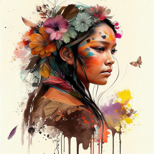 Butterflies and Flowers: Watercolor Floral Indian Native Woman IV by Chromatic Fusion Studio