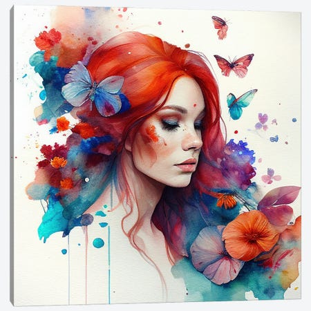 Watercolor Floral Red Hair Woman IV Canvas Print #CFS268} by Chromatic Fusion Studio Canvas Art