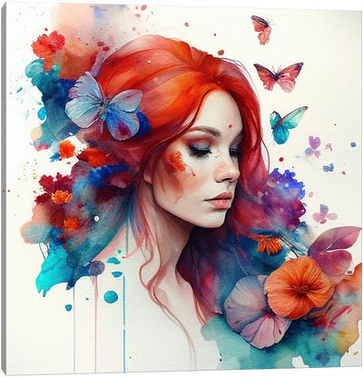Watercolor Floral Red Hair Woman IV Canvas Art Print - Chromatic Fusion Studio