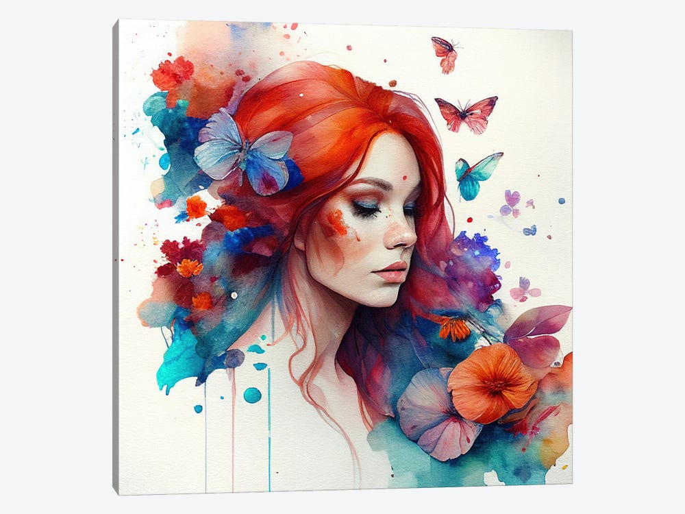 Watercolor Floral Red Hair Woman IV by Chromatic Fusion Studio 1-piece Canvas Artwork