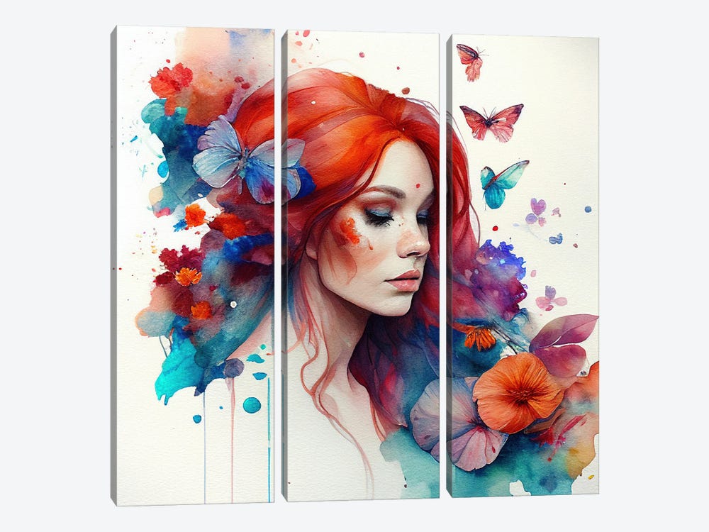 Watercolor Floral Red Hair Woman IV by Chromatic Fusion Studio 3-piece Canvas Artwork
