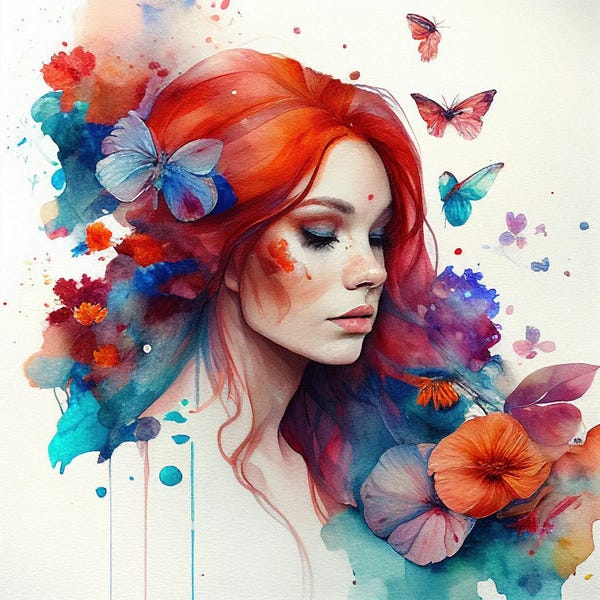 Butterflies and Flowers: Watercolor Floral Red Hair Woman IV by Chromatic Fusion Studio