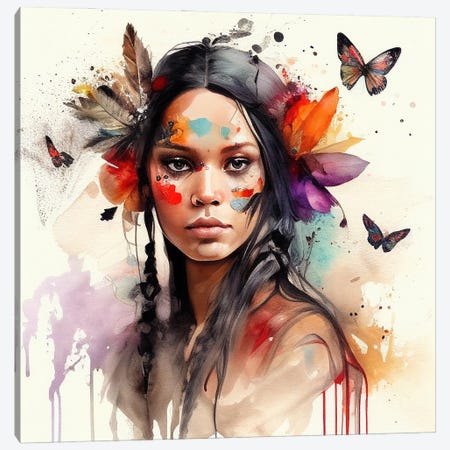 Watercolor Floral Indian Native Woman VI Canvas Print #CFS26} by Chromatic Fusion Studio Canvas Print