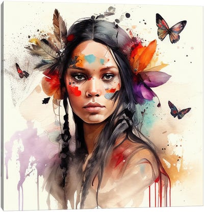 Watercolor Floral Indian Native Woman VI Canvas Art Print - Butterfly Art