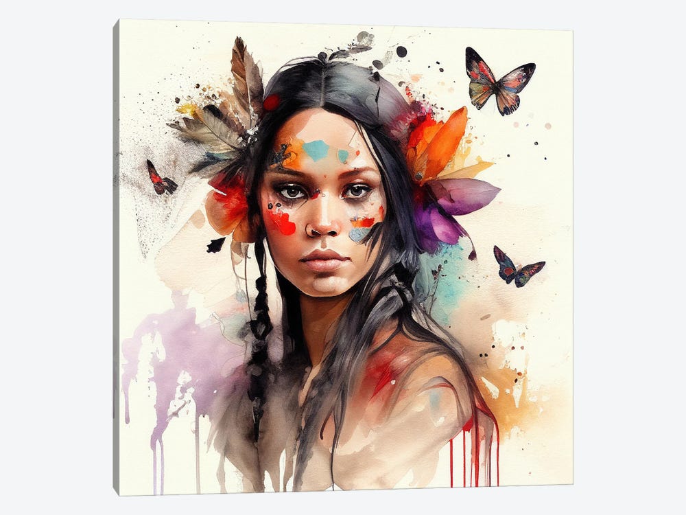 Watercolor Floral Indian Native Woman VI by Chromatic Fusion Studio 1-piece Canvas Wall Art