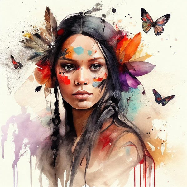 Butterflies and Flowers: Watercolor Floral Indian Native Woman VI by Chromatic Fusion Studio