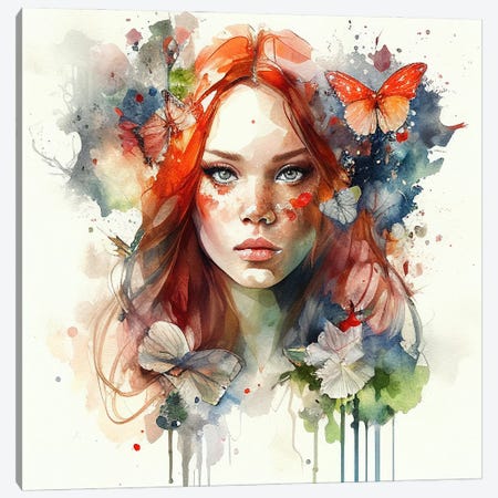 Watercolor Floral Red Hair Woman VII Canvas Print #CFS274} by Chromatic Fusion Studio Canvas Artwork