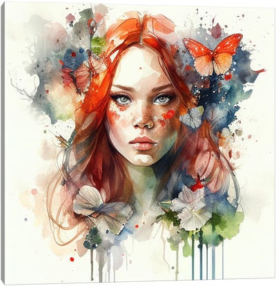 Watercolor Floral Red Hair Woman VII Canvas Art Print - Chromatic Fusion Studio