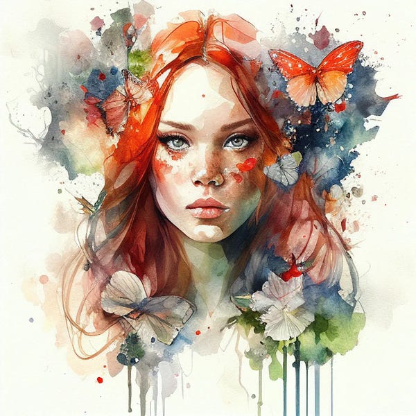 Butterflies and Flowers: Watercolor Floral Red Hair Woman VII by Chromatic Fusion Studio