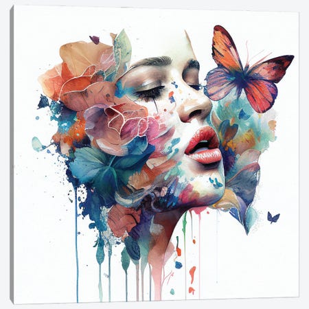 Watercolor Floral Woman Face I Canvas Print #CFS283} by Chromatic Fusion Studio Canvas Wall Art
