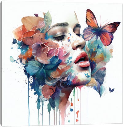Watercolor Floral Woman Face I Canvas Art Print - Chromatic Fusion Studio
