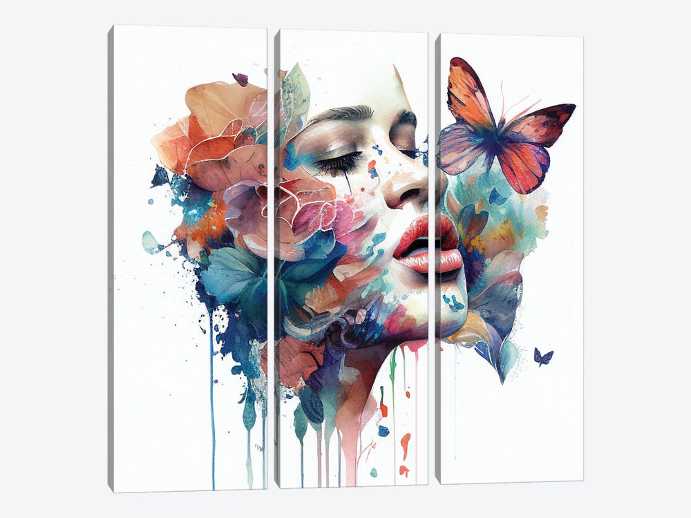 Watercolor Floral Woman Face I by Chromatic Fusion Studio 3-piece Canvas Print