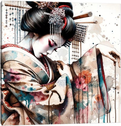 Watercolor Geisha Dancer I Canvas Art Print - Floral Portrait Art