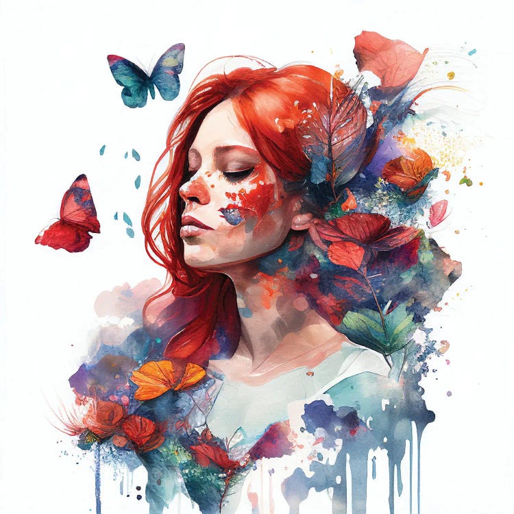 Watercolor Floral Red Hair Woman II