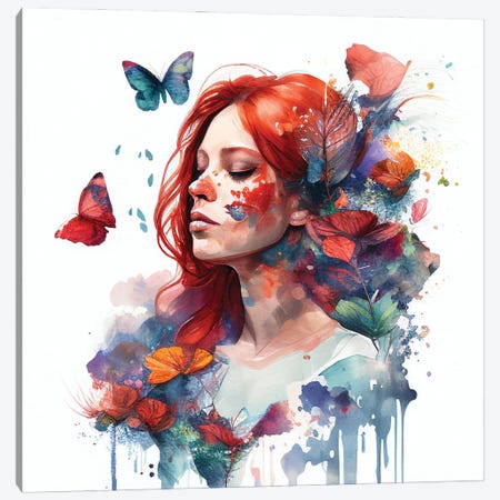 Watercolor Floral Red Hair Woman II Canvas Print #CFS299} by Chromatic Fusion Studio Canvas Print