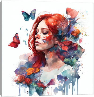 Watercolor Floral Red Hair Woman II Canvas Art Print - Chromatic Fusion Studio