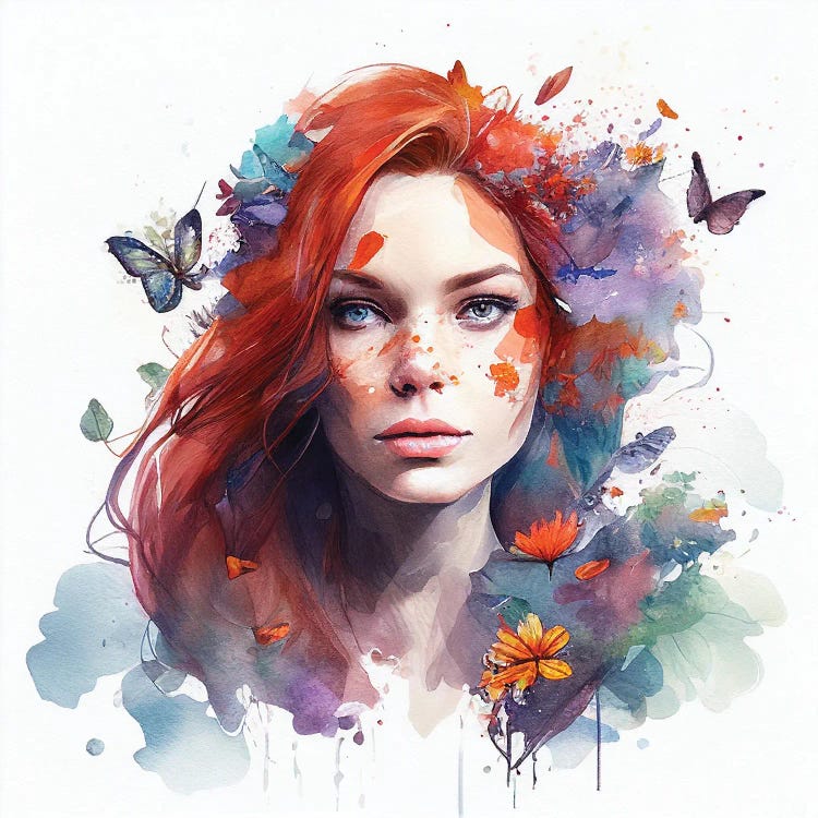 Watercolor Floral Red Hair Woman III