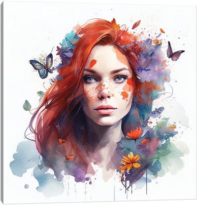Watercolor Floral Red Hair Woman III Canvas Art Print - Chromatic Fusion Studio