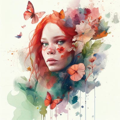 Watercolor Floral Red Hair Woman VI by Chromatic Fusion Studio canvas print