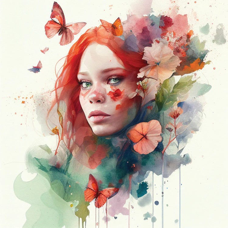 Watercolor Floral Red Hair Woman VI