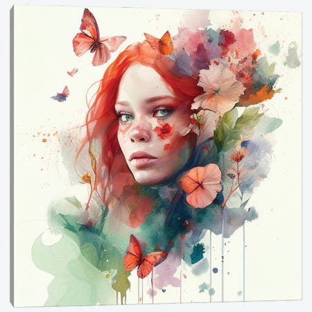 Watercolor Floral Red Hair Woman VI Canvas Print #CFS302} by Chromatic Fusion Studio Art Print