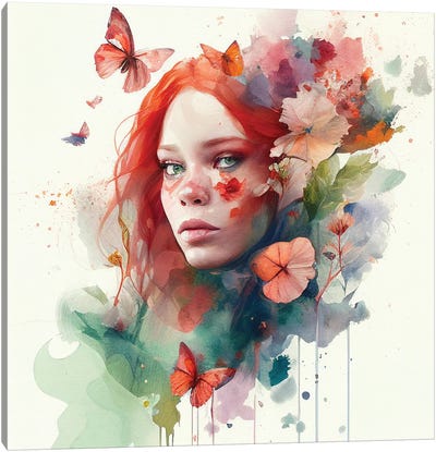 Watercolor Floral Red Hair Woman VI Canvas Art Print - Chromatic Fusion Studio
