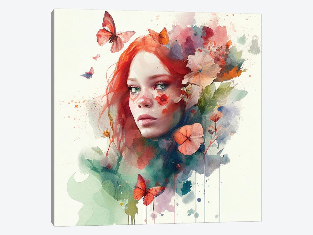 Watercolor Floral Red Hair Woman VI by Chromatic Fusion Studio 1-piece Canvas Print