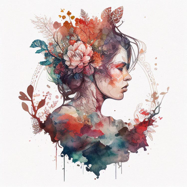 Watercolor Floral Woman IX - Chromatic Fusion Studio Canvas Art Print ( People > portraits > Floral portraits art) - 12x12 in