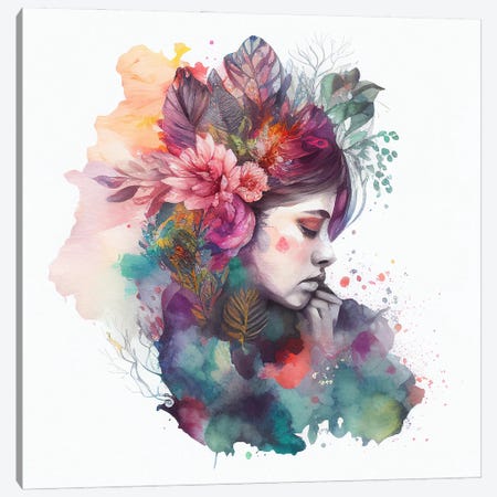 Watercolor Floral Woman X Canvas Print #CFS34} by Chromatic Fusion Studio Canvas Wall Art