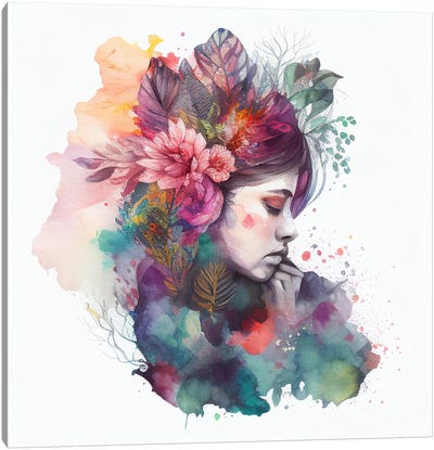 Watercolor Floral Woman X Canvas Art Print - Chromatic Fusion Studio