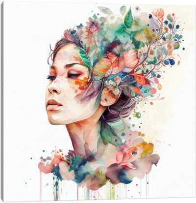 Watercolor Floral Woman XVI Canvas Art Print - Chromatic Fusion Studio