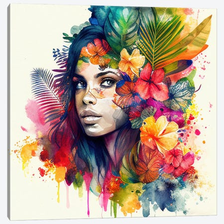 Watercolor Tropical Woman XVII Canvas Print #CFS47} by Chromatic Fusion Studio Canvas Art Print