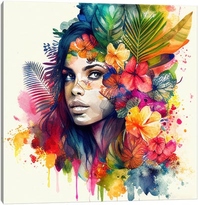 Watercolor Tropical Woman XVII Canvas Art Print - Chromatic Fusion Studio