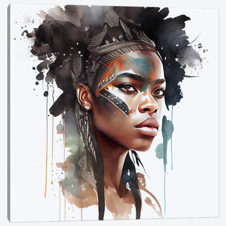 Watercolor African Warrior Woman VI Canvas Print #CFS52} by Chromatic Fusion Studio Canvas Art Print