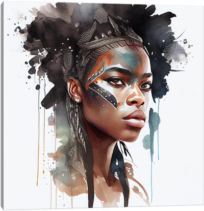 Watercolor African Warrior Woman VI Canvas Art Print - Chromatic Fusion Studio