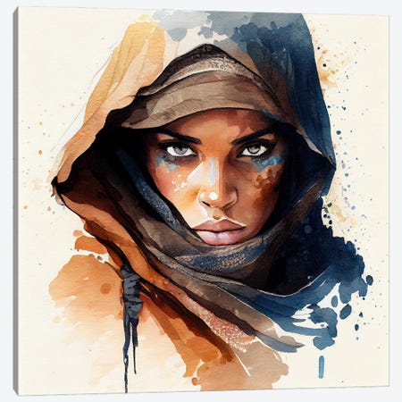 Watercolor Tuareg Woman I Canvas Print #CFS54} by Chromatic Fusion Studio Canvas Wall Art