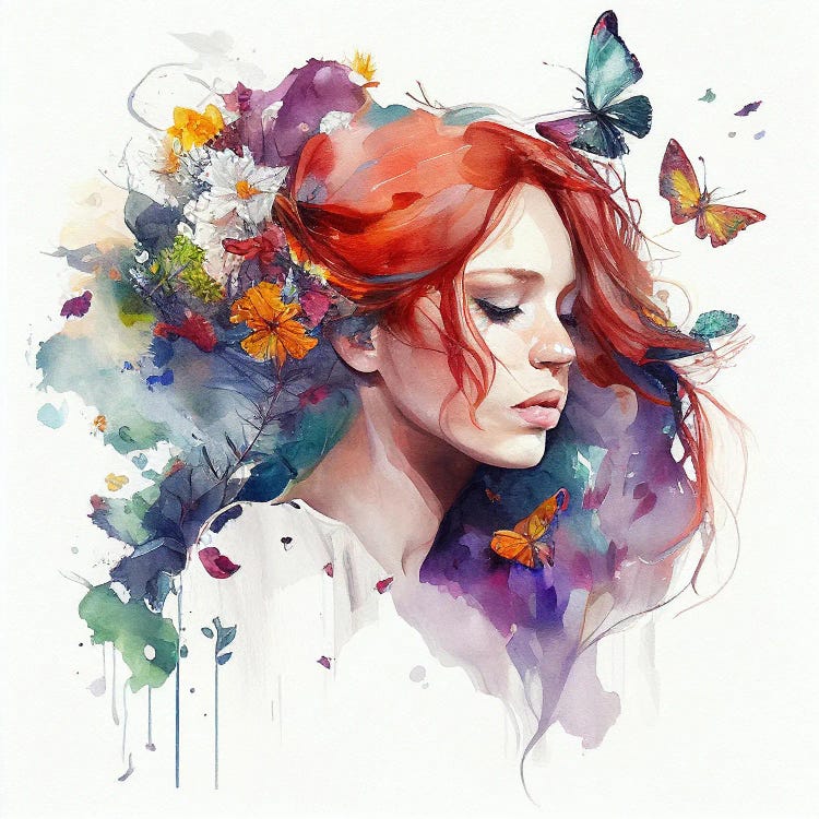 Watercolor Floral Red Hair Woman I