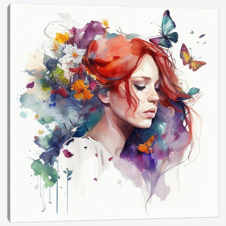 Watercolor Floral Red Hair Woman I Canvas Print #CFS57} by Chromatic Fusion Studio Canvas Artwork