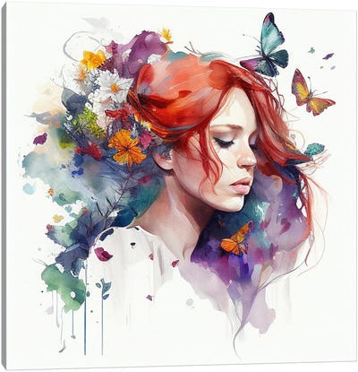 Watercolor Floral Red Hair Woman I Canvas Art Print - Chromatic Fusion Studio