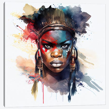 Watercolor African Warrior Woman IV Canvas Print #CFS61} by Chromatic Fusion Studio Canvas Wall Art