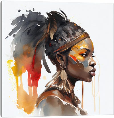 Watercolor African Warrior Woman VII Canvas Art Print - Chromatic Fusion Studio