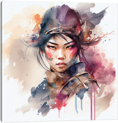 Watercolor Asian Warrior Woman III Canvas Art Print - Chromatic Fusion Studio