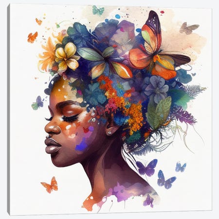 Watercolor Butterfly African Woman VII Canvas Print #CFS69} by Chromatic Fusion Studio Canvas Wall Art