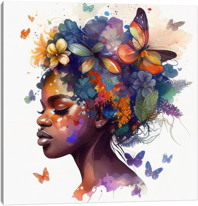 Watercolor Butterfly African Woman VII Canvas Art Print - Chromatic Fusion Studio