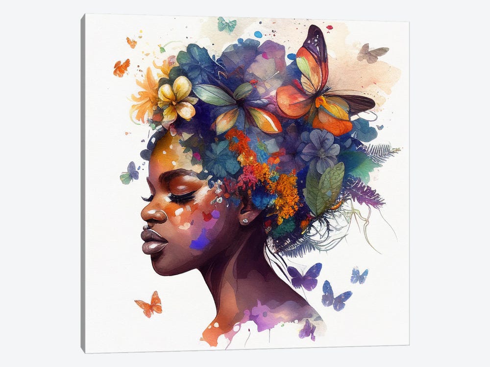 Watercolor Butterfly African Woman VII by Chromatic Fusion Studio 1-piece Canvas Print