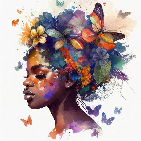 Butterflies and Flowers: Watercolor Butterfly African Woman VII by Chromatic Fusion Studio