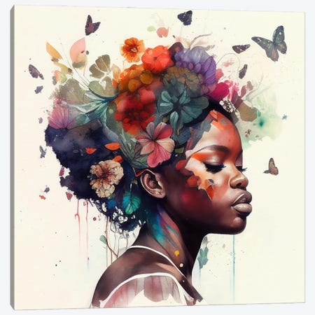 Watercolor Butterfly African Woman I Canvas Print #CFS6} by Chromatic Fusion Studio Canvas Wall Art