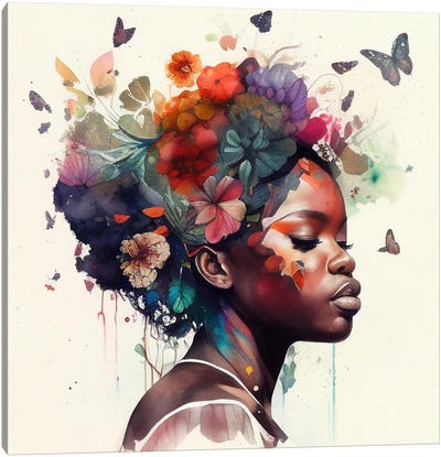Watercolor Butterfly African Woman I Canvas Art Print - Chromatic Fusion Studio