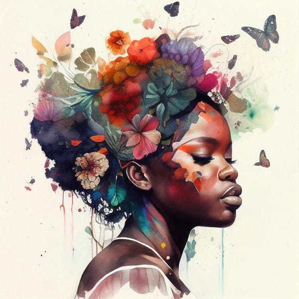 Butterflies and Flowers: Watercolor Butterfly African Woman I by Chromatic Fusion Studio