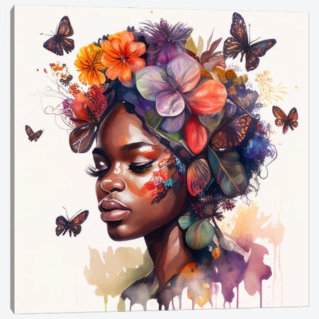 Watercolor Butterfly African Woman II Canvas Print #CFS7} by Chromatic Fusion Studio Canvas Artwork